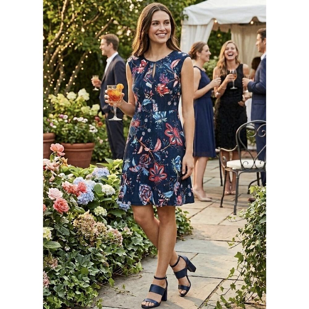 Maggy London Navy Botanical Floral Fit and Flare Dress Size 8 Wedding Guest Boho